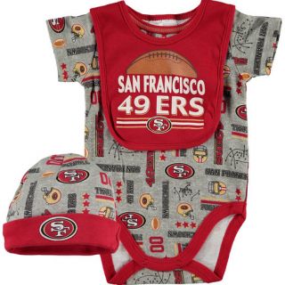 San Francisco 49ers Infant Scarlet/Heathered Gray Home Team Bodysuit, Bib and Cap 3 Piece Set