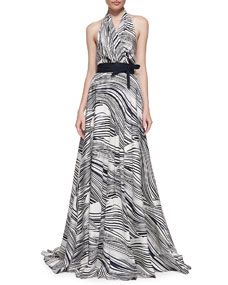 Carolina Herrera Wave Striped Halter Gown