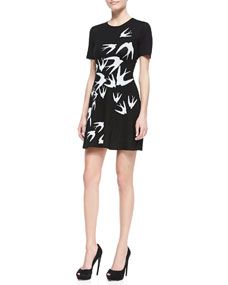 McQ Alexander McQueen Crepe Starling Print Short Sleeve Dress