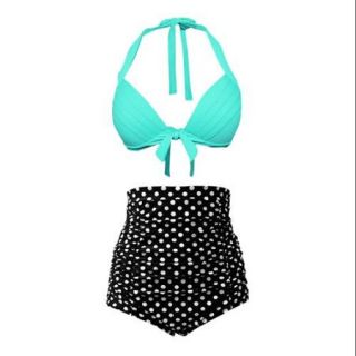 Women Retro High Waist Halter Bikini Ruched Vintage Swimwear Blue Dots US 12 14