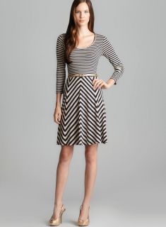Calvin Klein Long Sleeve Scoop Neck Belted Stripe Dress  