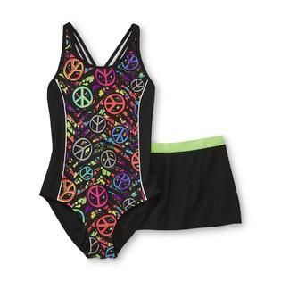 Joe Boxer Girls Swimsuit & Swim Skirt   Neon Peace Signs   Kids