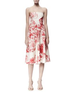 Stella McCartney Fiona Panama Flower Print Strapless Dress, Cream/Chili
