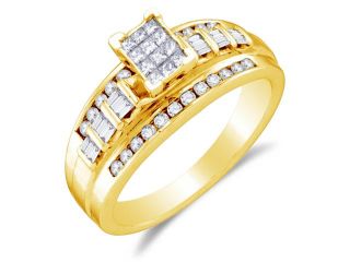 .925 Sterling Silver Plated in Yellow Gold Diamond Engagement Ring   Emerald Shape Center Setting w/ Invisible Channel Set Princess, Baguette, & Round Diamonds   (1/2 cttw, G   H Color, SI2 Clarity) 
