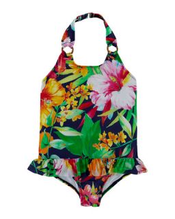 Ralph Lauren Childrenswear Floral Print Halter Swimsuit, Navy/Multicolor, Size 2 6X