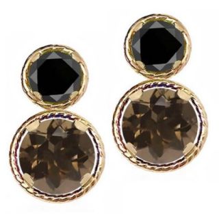2.14 Ct Round Brown Smoky Quartz Black Diamond 14K Yellow Gold Earrings