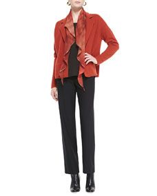 Eileen Fisher Notch Collar Lambswool Jacket, Slim Jersey Tee, Straight Leg Pants & Oxidized Printed Silk Scarf, Womens