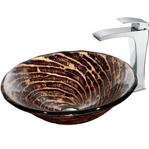 VIGO Industries VGT184 Bathroom Sink, Chocolate Caramel Swirl Glass Vessel Sink & Faucet Set   Chrome