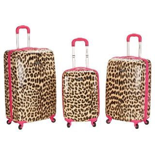 Rockland Leopard 3 Piece Polycarbonate/ABS Spinner Luggage Set   Pink