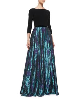 Theia 3/4 Sleeve Floral Print Skirt Gown