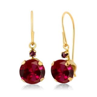 2.05 Ct Round Red Created Ruby Red Rhodolite Garnet 14K Yellow Gold Earrings