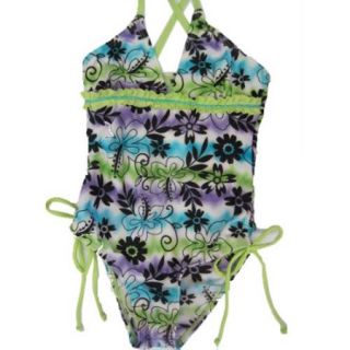 2B Real Little Girls Blue Purple Tie Dyed Floral Print One Piece Swimsuit 5 6