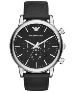Emporio Armani Mens Chronograph Matte Black Leather Strap Watch 46mm