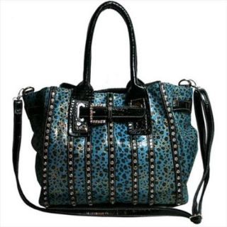 Ritz Enterprises MS105 TQ Leopard Womens Belted Leopard Print Fashion Tote Bag Striped With Rhinestones, Turquoise