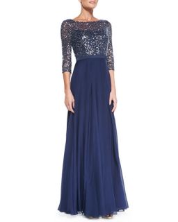 Kay Unger New York 3/4 Sleeve Sequined Lace Bodice Gown