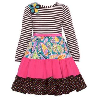 Counting Daisies Little Girls Brown Stripe Floral Dot Paneled Dress 2T