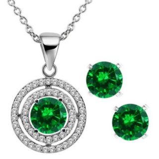 5.14 Ct Round Green Simulated Emerald 925 Sterling Silver Pendant Earrings Set