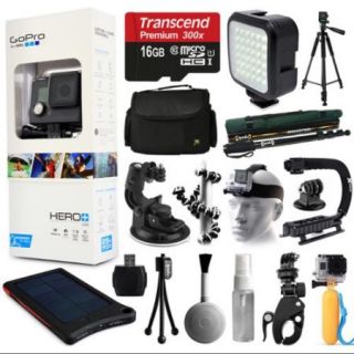 GoPro HERO+ LCD Camera Camcorder (CHDHB 101) with Extreme Accessories Bundle includes 16GB Card + Opteka X Grip + LED Light + Case + Tripod + Selfie Stick + Car/Bike Mount + Solar Charger + More