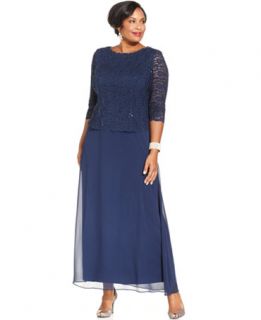 Alex Evenings Plus Size Three Quarter Sleeve Sequined Lace Gown