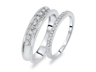 3/8 Carat T.W. Round Cut Diamond Ladies and Men's Wedding Rings 14K White Gold 