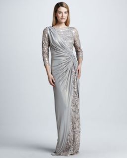 Tadashi Shoji Sequined Lace and Draped Jersey Gown