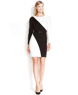 Calvin Klein Long Sleeve Belted Colorblock Sheath Dress   Dresses