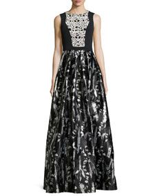 Carmen Marc Valvo Floral Print Sleeveless Gown, Black/White